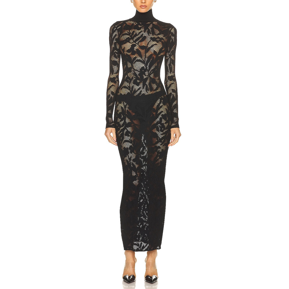 Ala�a Stretch Lace Black Floral Maxi Dress Size 42
